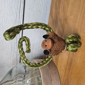 Vintage Enesco Hanging Monkey Braided Rope Burlap Vinyl Ears Enesco Sticker